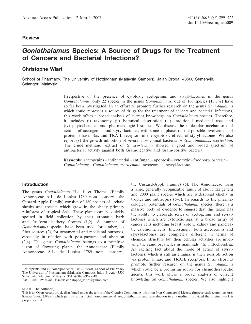 Goniothalamus Species: a Source of Drugs for the Treatment of Cancers and Bacterial Infections?