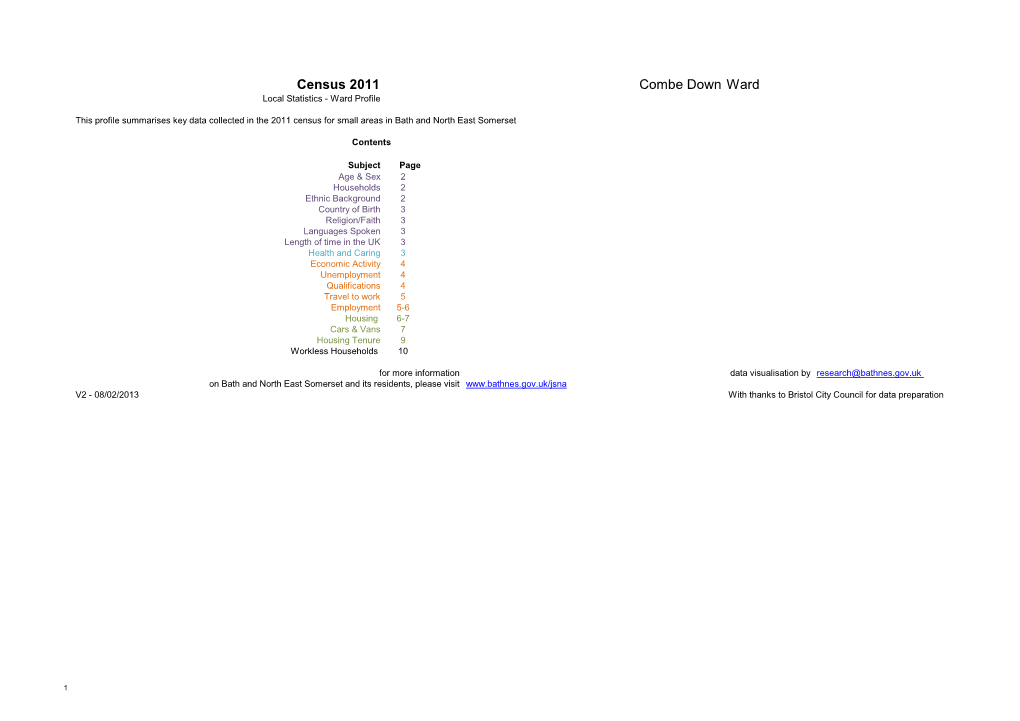 Census 2011 Combe Down Ward Local Statistics - Ward Profile