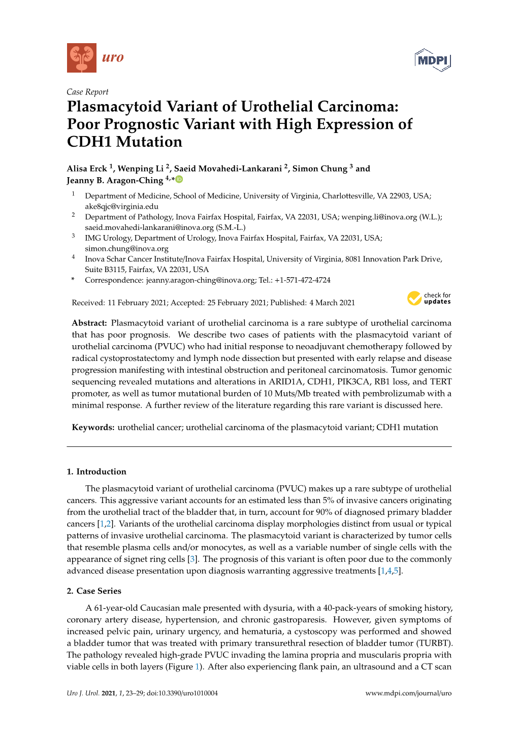 Plasmacytoid Variant of Urothelial Carcinoma: Poor Prognostic Variant with High Expression of CDH1 Mutation