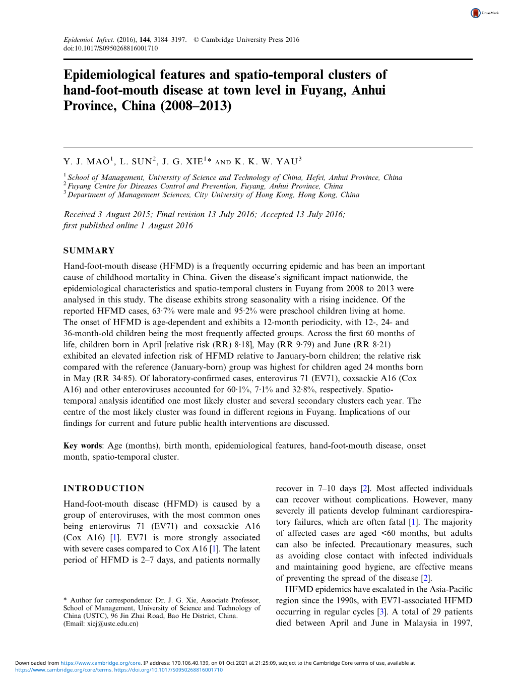 Epidemiological Features and Spatio-Temporal Clusters of Hand-Foot-Mouth Disease at Town Level in Fuyang, Anhui Province, China (2008–2013)