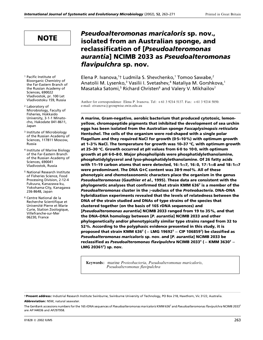 Pseudoalteromonas Maricaloris Sp. Nov., Isolated from an Australian Sponge, and Reclassification Of