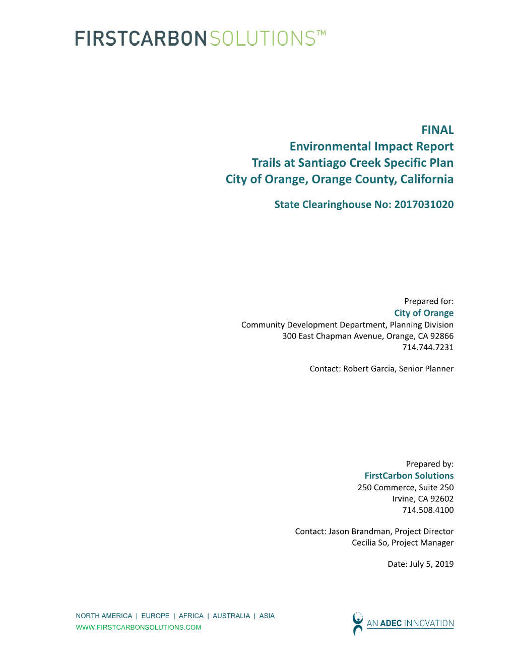 FINAL Environmental Impact Report Trails at Santiago Creek Specific Plan City of Orange, Orange County, California