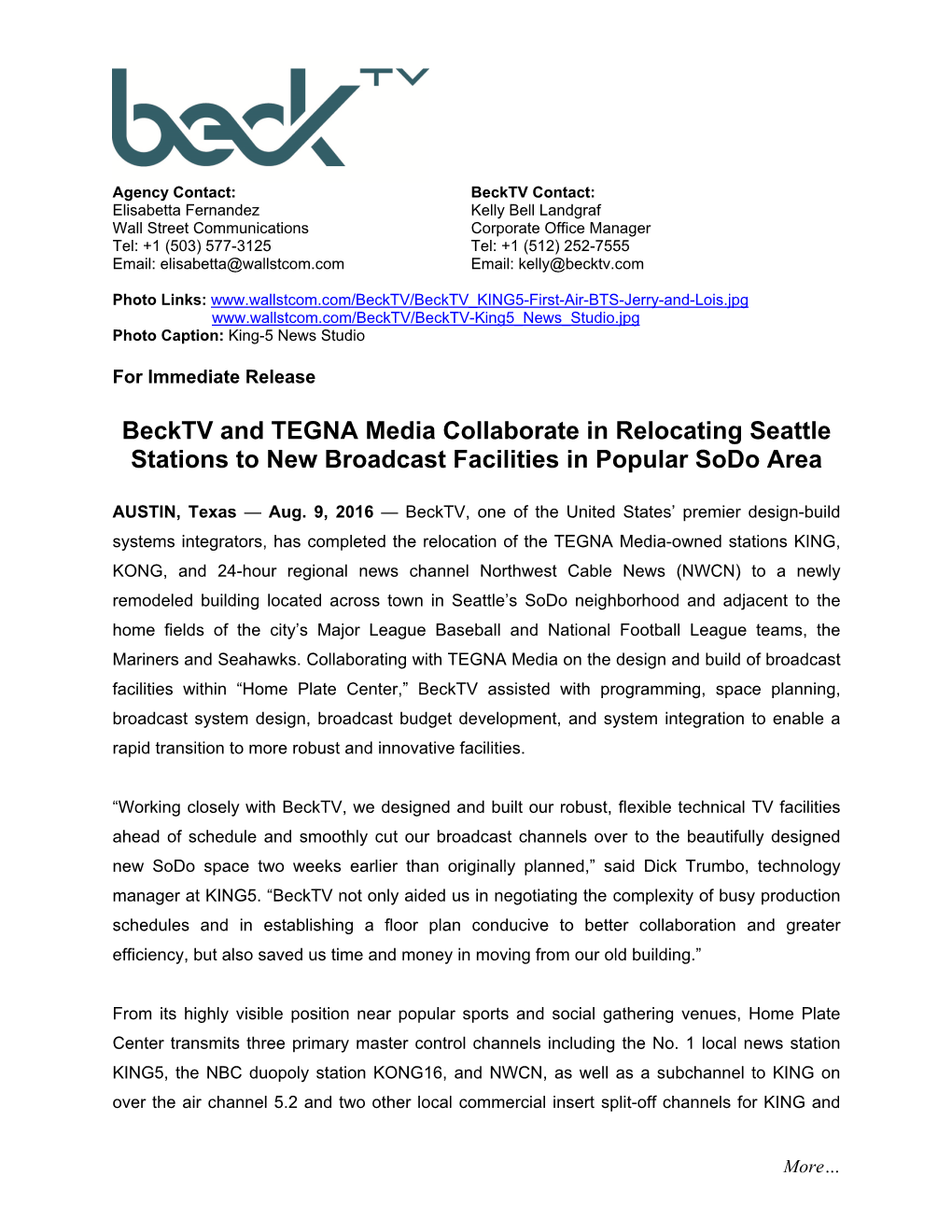 Becktv and TEGNA Media Collaborate in Relocating Seattle Stations to New Broadcast Facilities in Popular Sodo Area