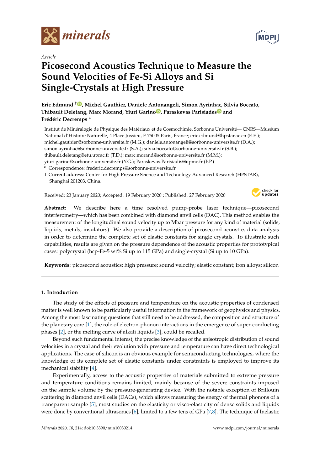 Picosecond Acoustics Technique to Measure the Sound Velocities of Fe-Si Alloys and Si Single-Crystals at High Pressure