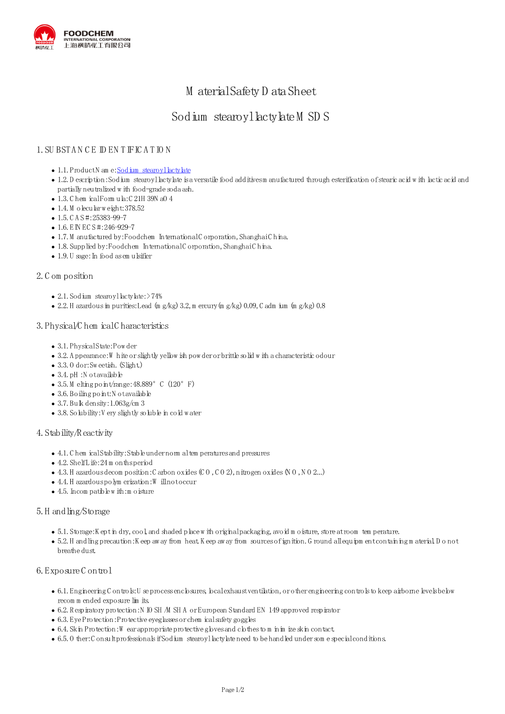 Sodium Stearoyl Lactylate MSDS Manufacturers