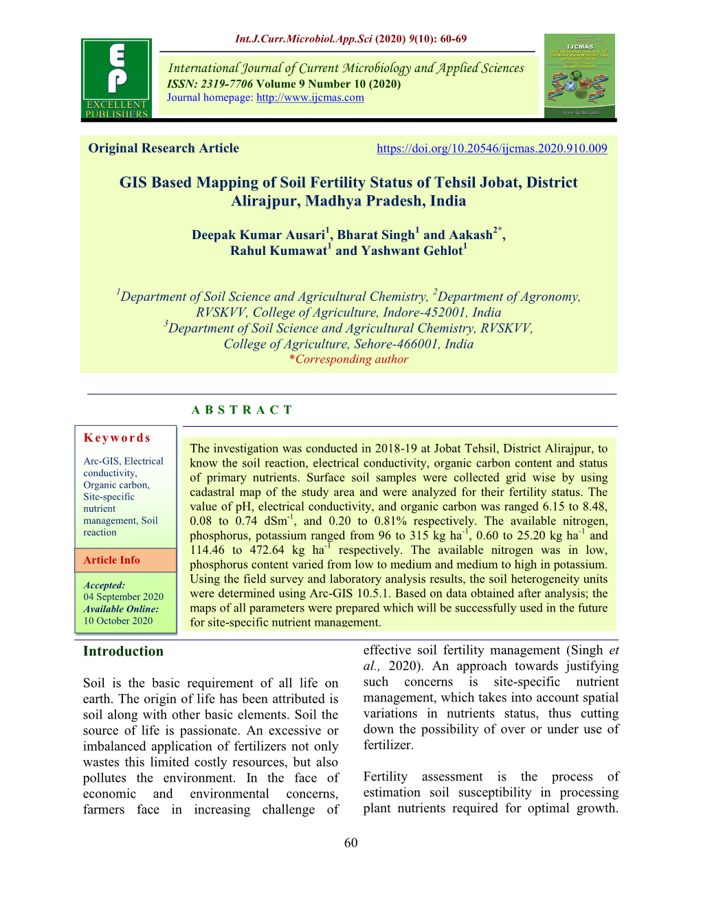 GIS Based Mapping of Soil Fertility Status of Tehsil Jobat, District Alirajpur, Madhya Pradesh, India