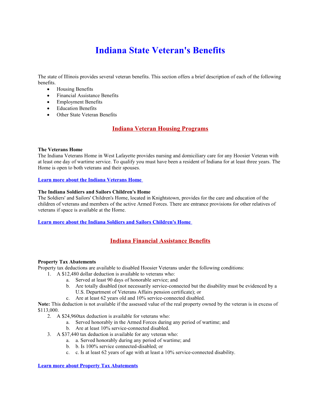 Indiana State Veteran's Benefits