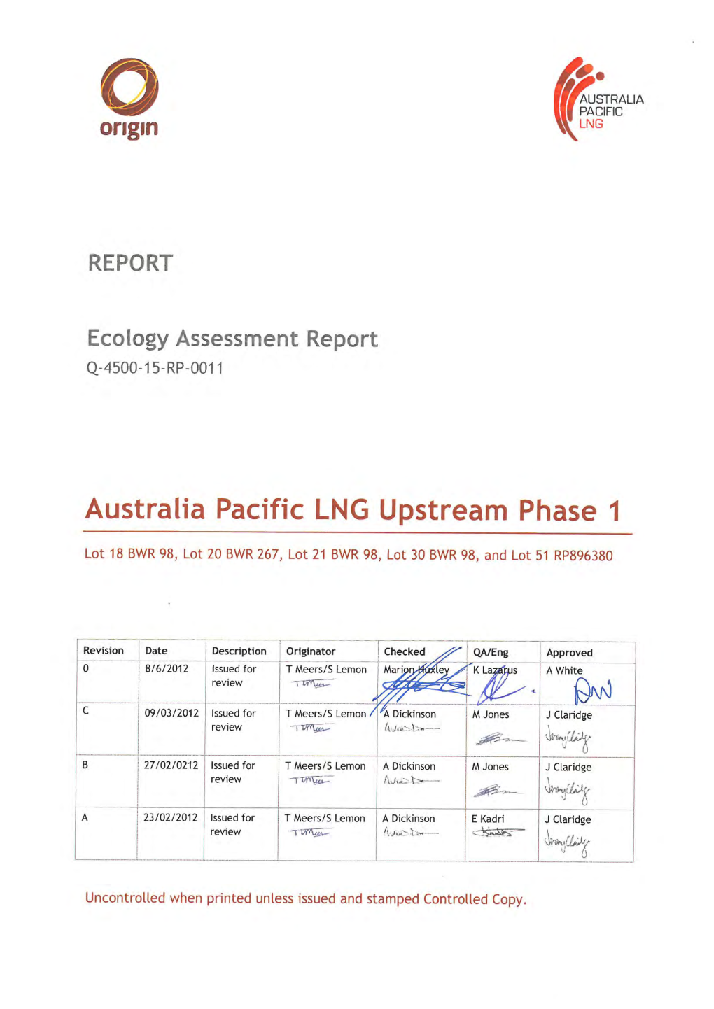 Ecology Assessment Report Lot 51 RP896380, Lots18, 21 & 30 on BWR 98 and Lot 20 on BWR 267 Report