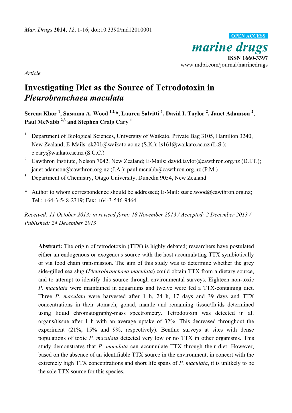 Investigating Diet As the Source of Tetrodotoxin in Pleurobranchaea Maculata