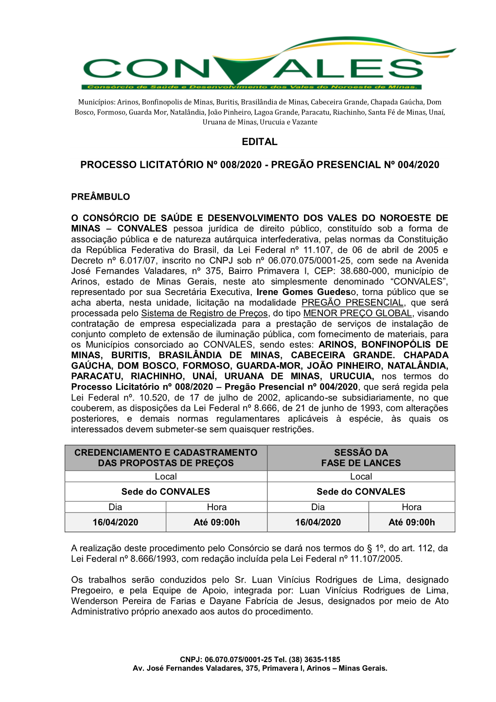 Edital Processo Licitatório Nº 008/2020