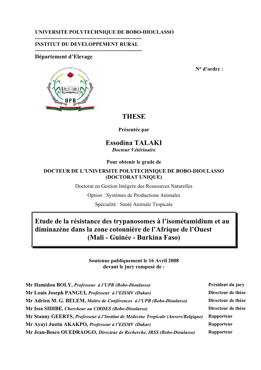 Etude De La Résistance Des Trypanosomes À L'isométamidium Et