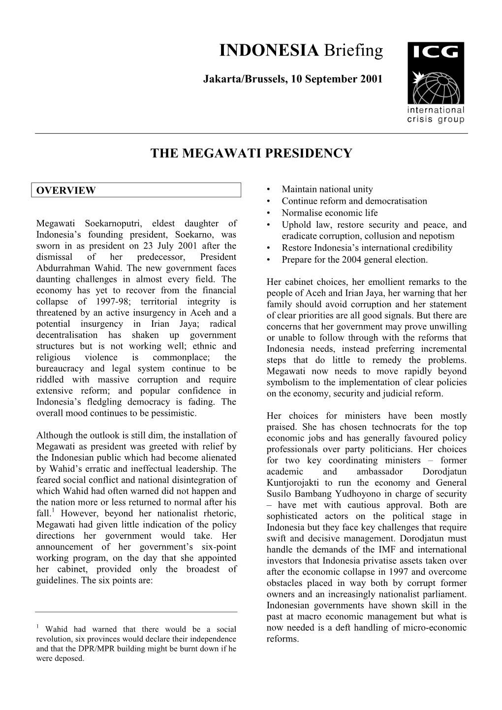 Asia Briefing, Nr. 8: the Megawati Presidency