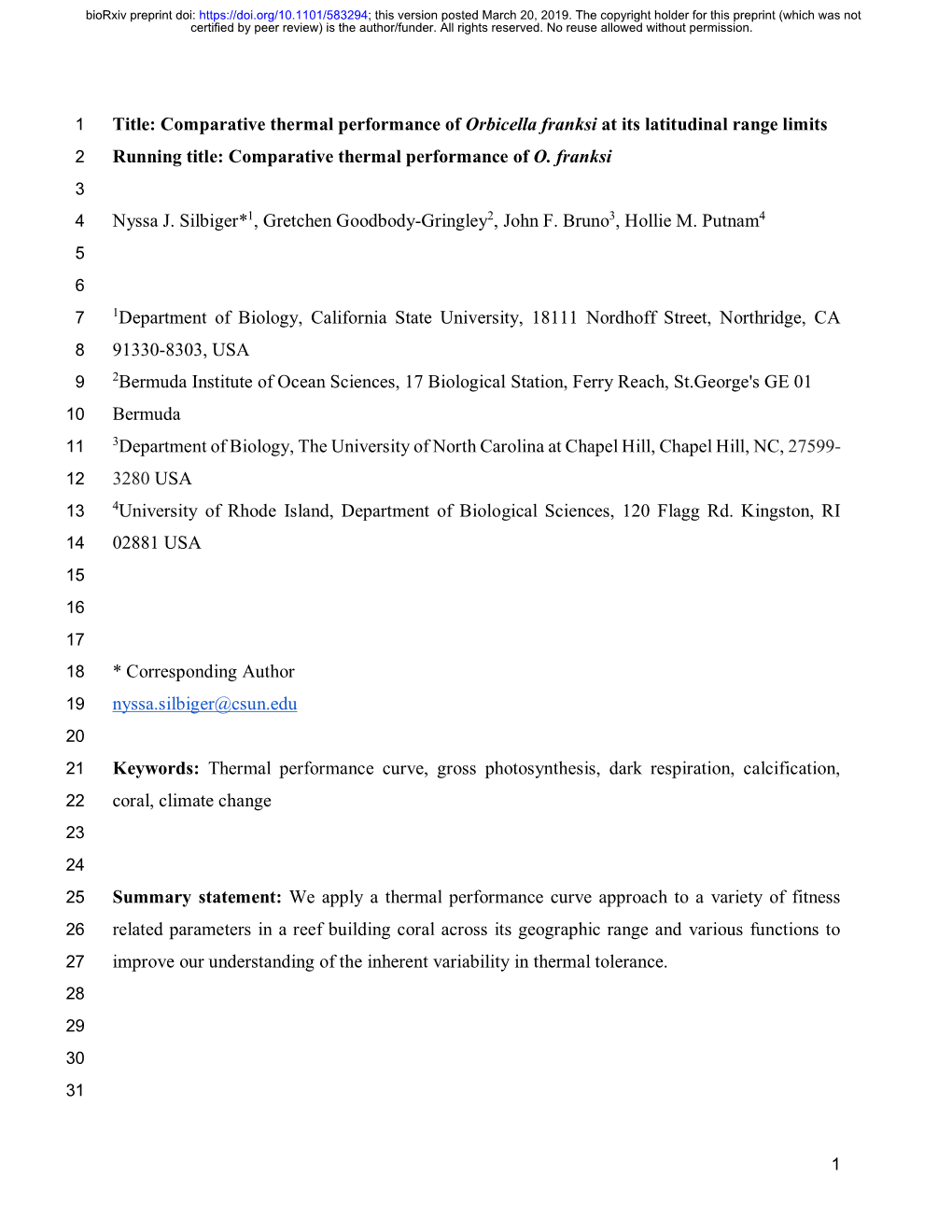 Comparative Thermal Performance of Orbicella Franksi at Its Latitudinal Range Limits 2 Running Title: Comparative Thermal Performance of O