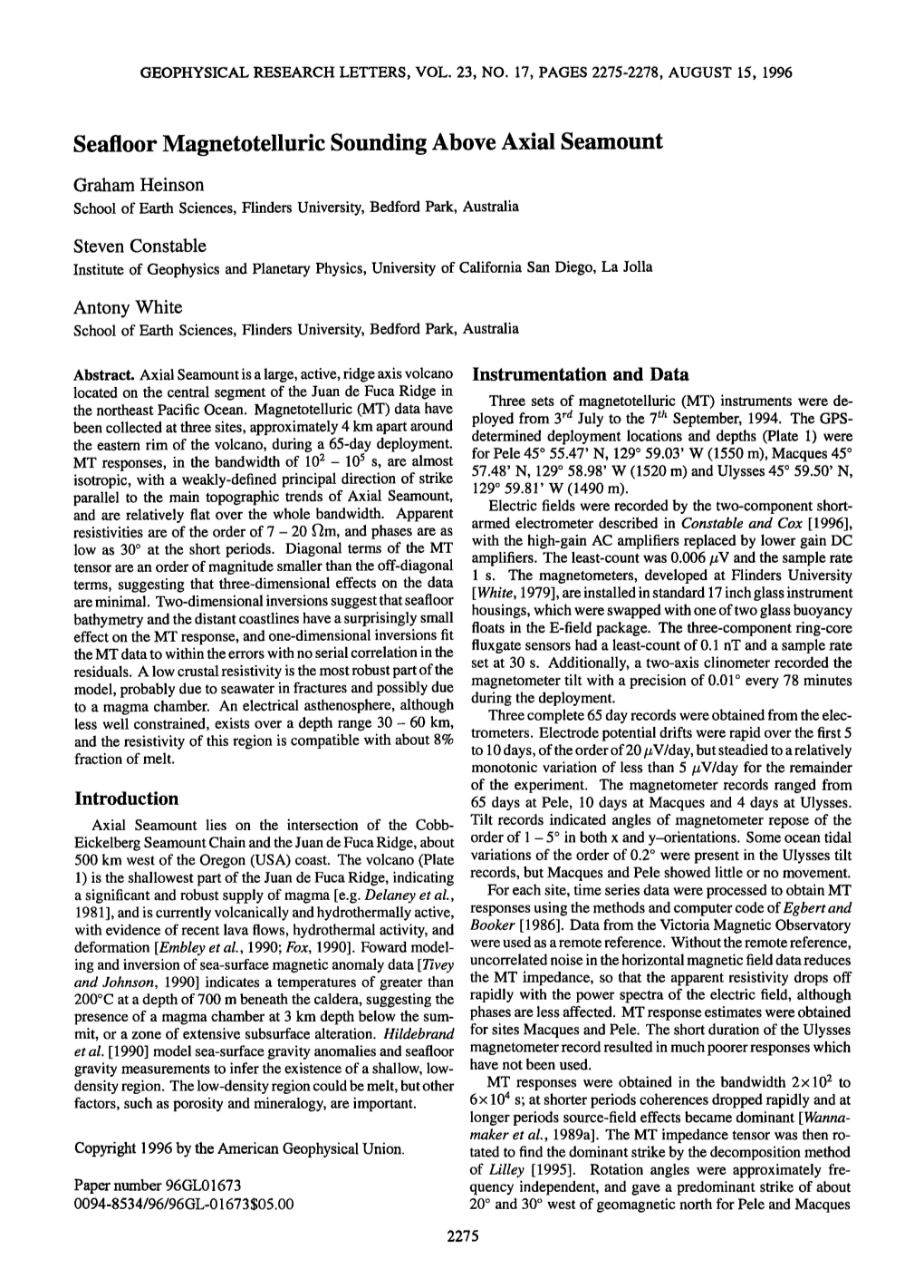 Seafloor Magnetotelluric Sounding Above Axial Seamount