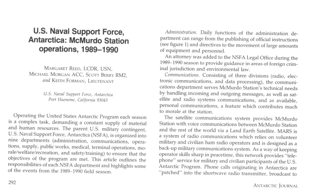 U.S. Naval Support Force, Antarctica: Mcmurdo Station Operations, 1989-1990