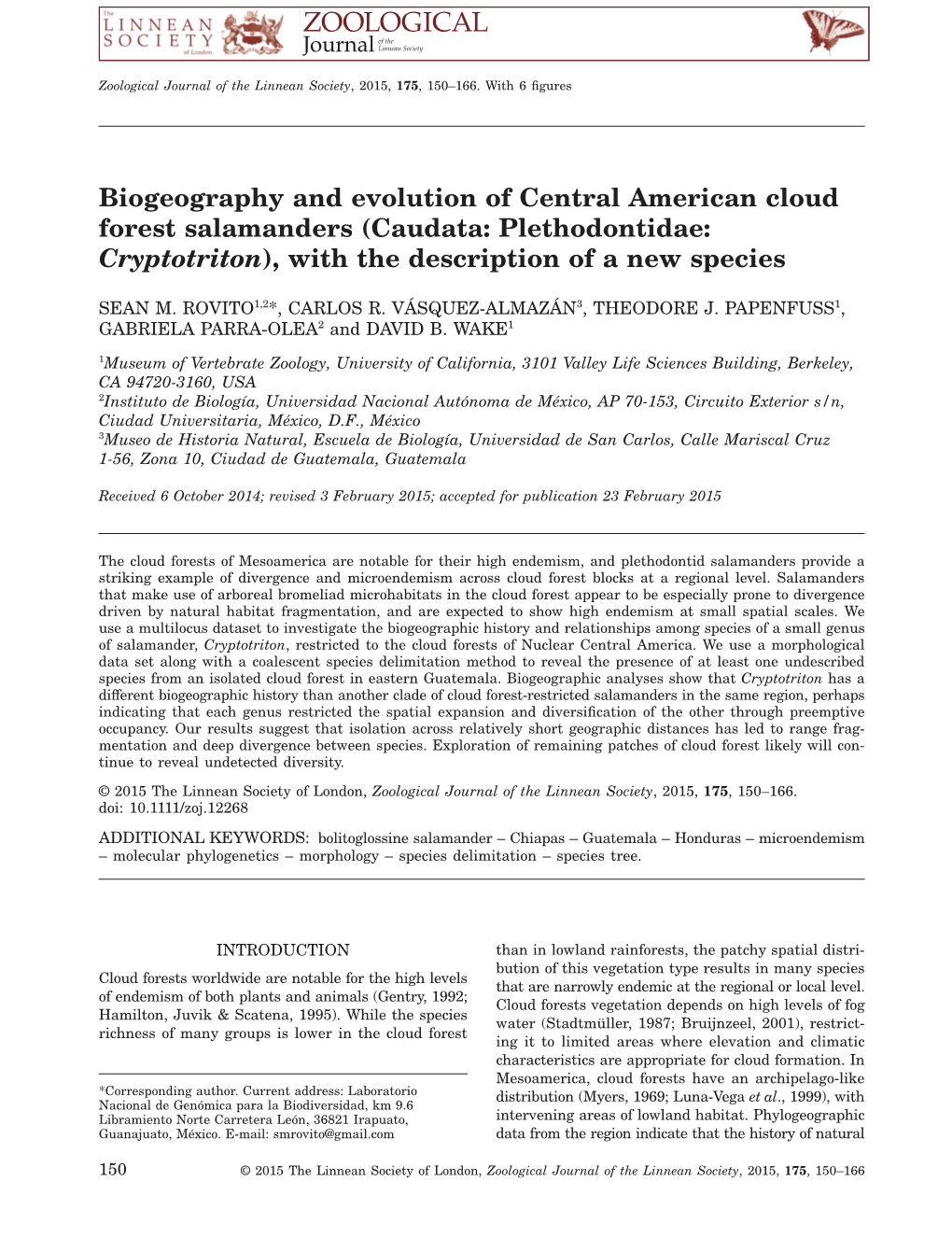 Biogeography and Evolution of Central American Cloud Forest Salamanders (Caudata: Plethodontidae: Cryptotriton), with the Description of a New Species