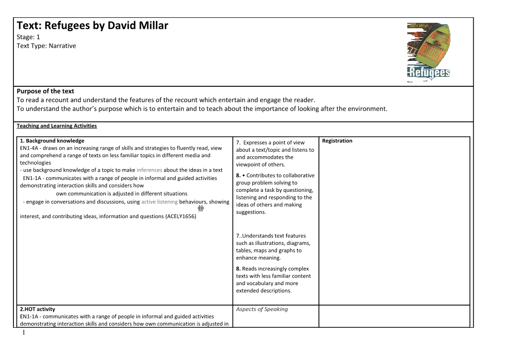 Text: Refugees by David Millar Stage: 1 Text Type: Narrative