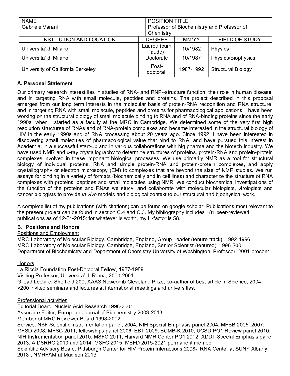 PHS 398 (Rev. 06/09), Biographical Sketch Format Page