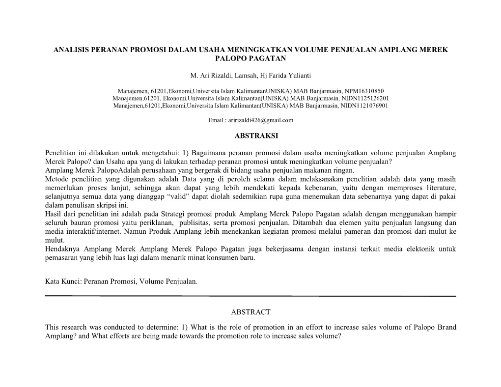 Analisis Peranan Promosi Dalam Usaha Meningkatkan Volume Penjualan Amplang Merek Palopo Pagatan