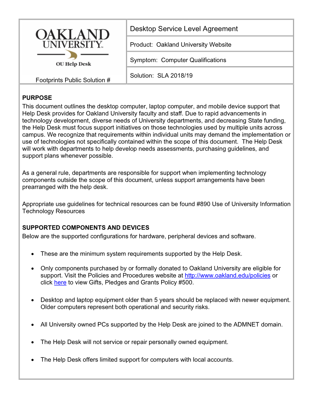 Desktop Service Level Agreement