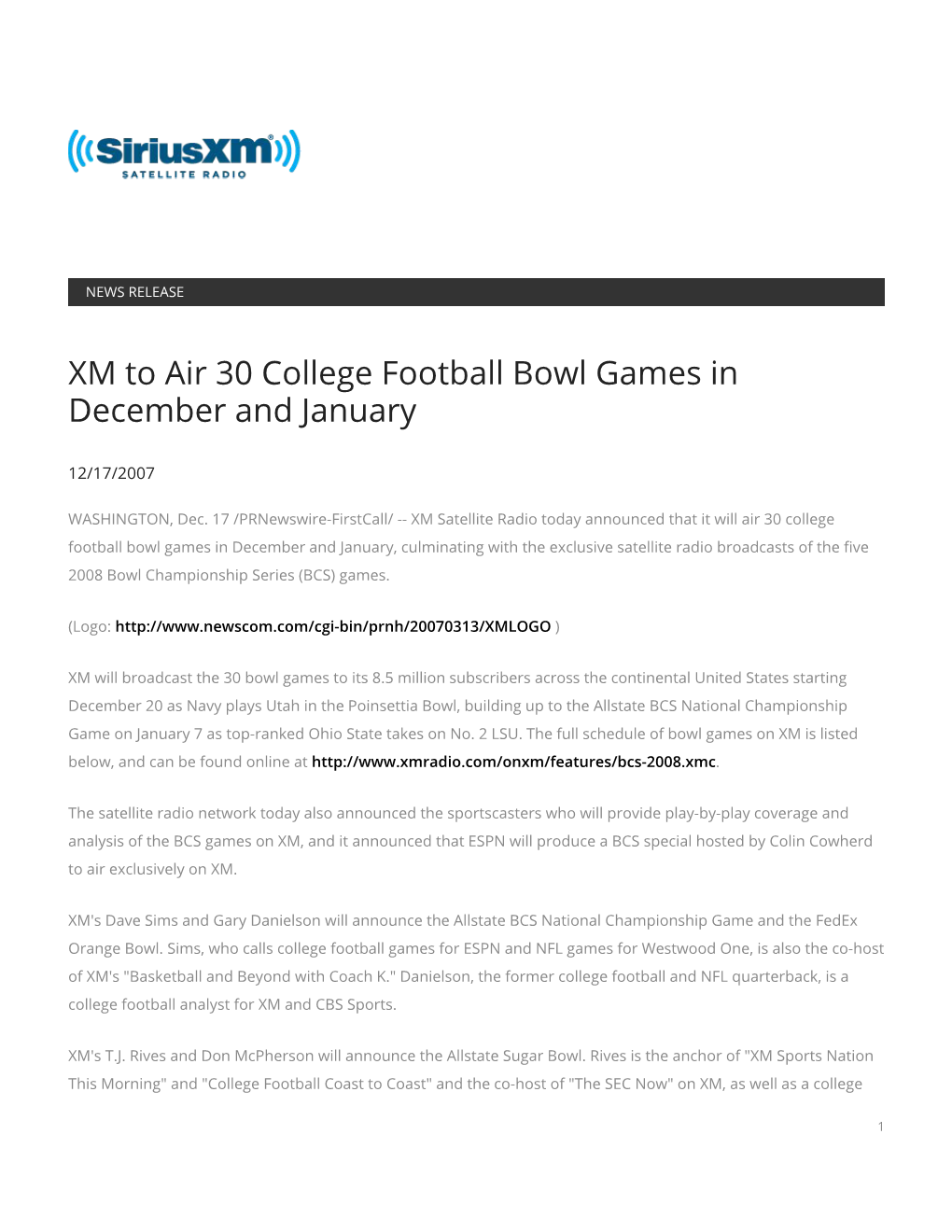 XM to Air 30 College Football Bowl Games in December and January