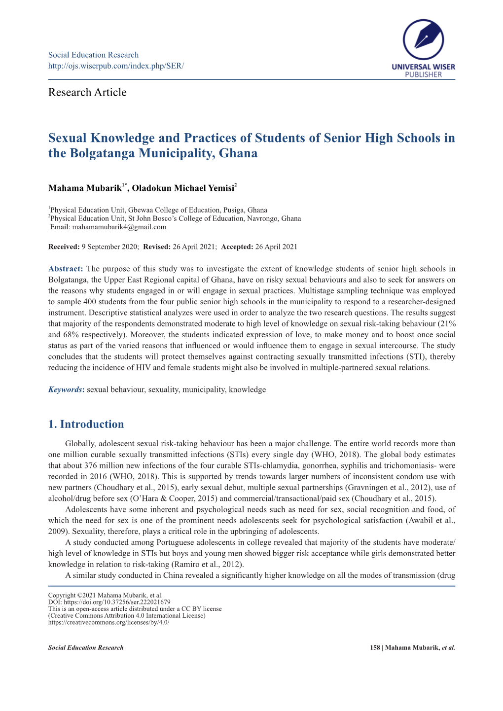 Sexual Knowledge and Practices of Students of Senior High Schools in the Bolgatanga Municipality, Ghana