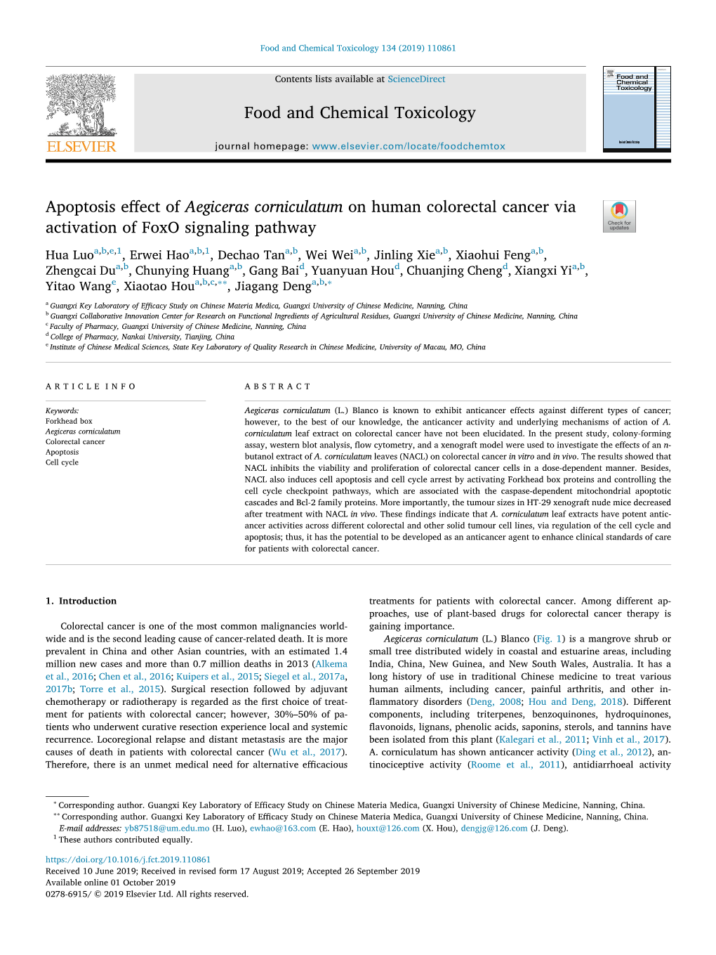 Apoptosis Effect of Aegiceras Corniculatum on Human Colorectal Cancer Via Activation of Foxo Signaling Pathway