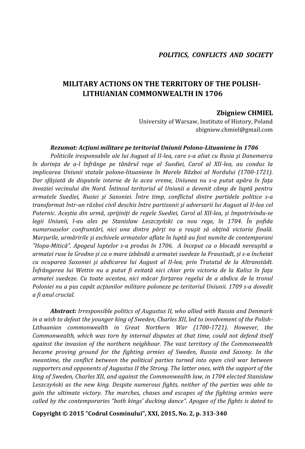 Military Actions on the Territory of the Polish-Lithuanian Commonwealth 315 Pacifist-Oriented Polish Nobility