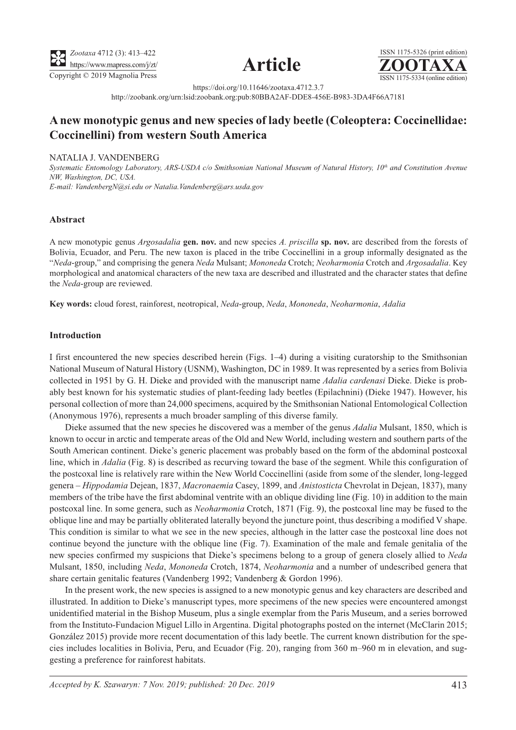 A New Monotypic Genus and New Species of Lady Beetle (Coleoptera: Coccinellidae: Coccinellini) from Western South America