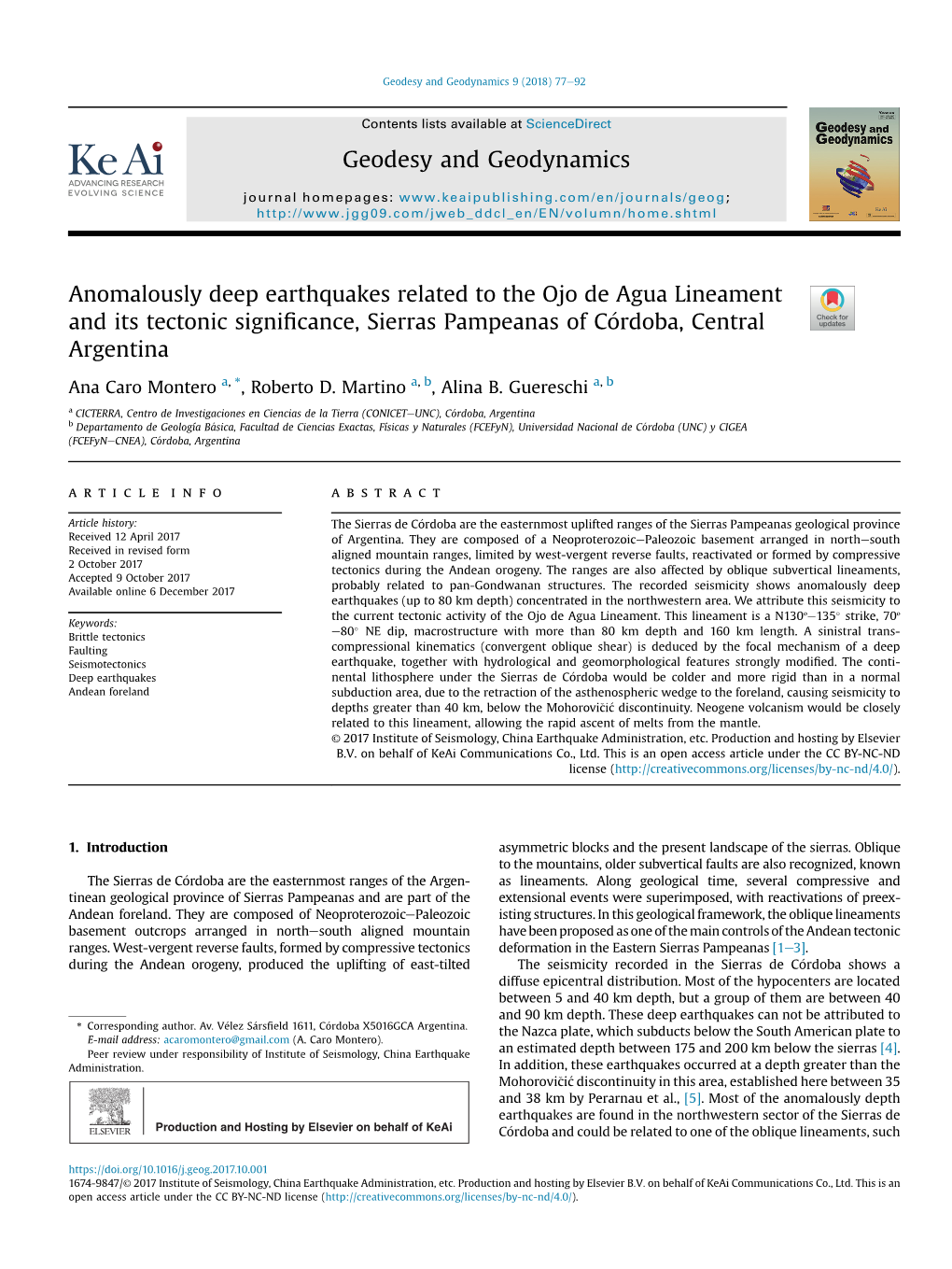 Anomalously Deep Earthquakes Related to the Ojo De Agua Lineament and Its Tectonic Signiﬁcance, Sierras Pampeanas of Cordoba,� Central Argentina