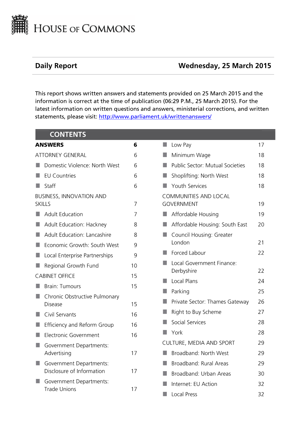 Daily Report Wednesday, 25 March 2015 CONTENTS