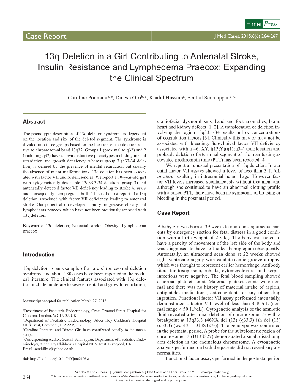 13Q Deletion in a Girl Contributing to Antenatal Stroke, Insulin Resistance and Lymphedema Praecox: Expanding the Clinical Spectrum