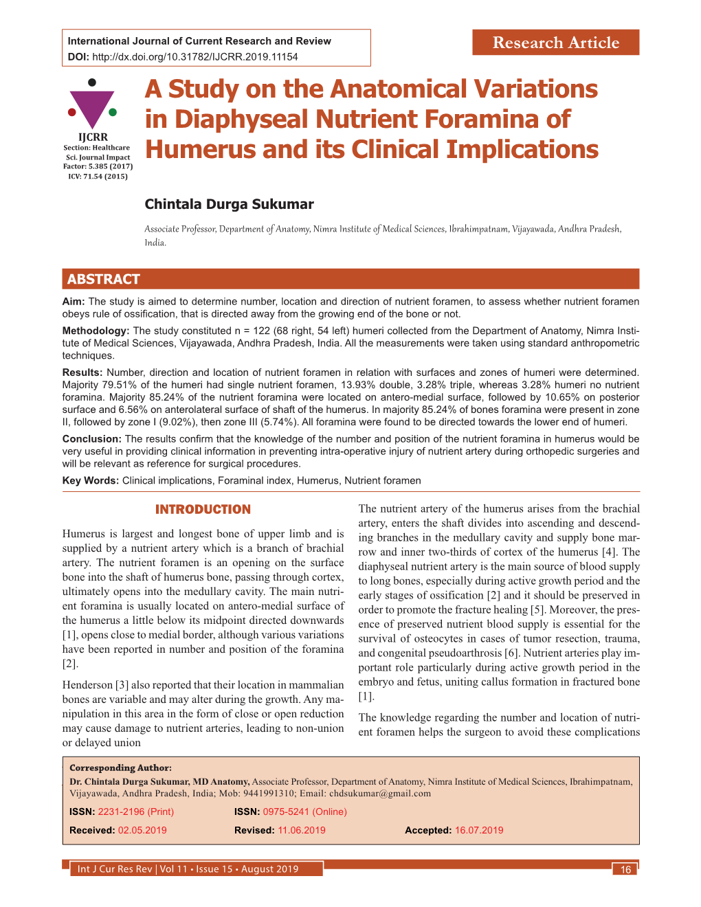 A Study on the Anatomical Variations in Diaphyseal Nutrient Foramina of IJCRR Section: Healthcare Sci