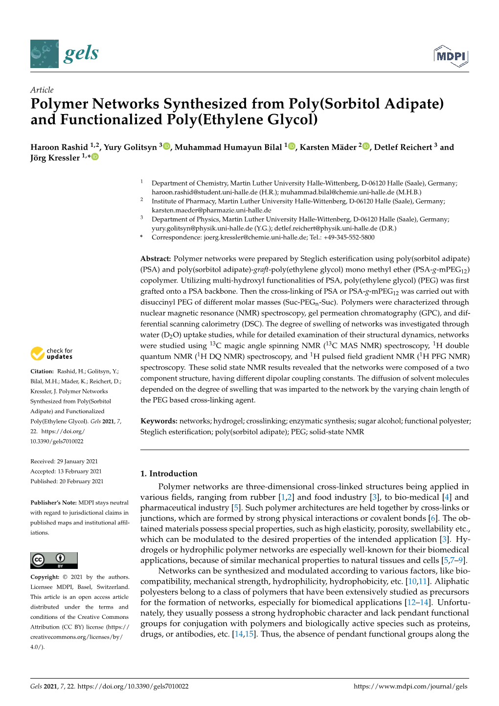 Polymer Networks Synthesized from Poly(Sorbitol Adipate) and Functionalized Poly(Ethylene Glycol)