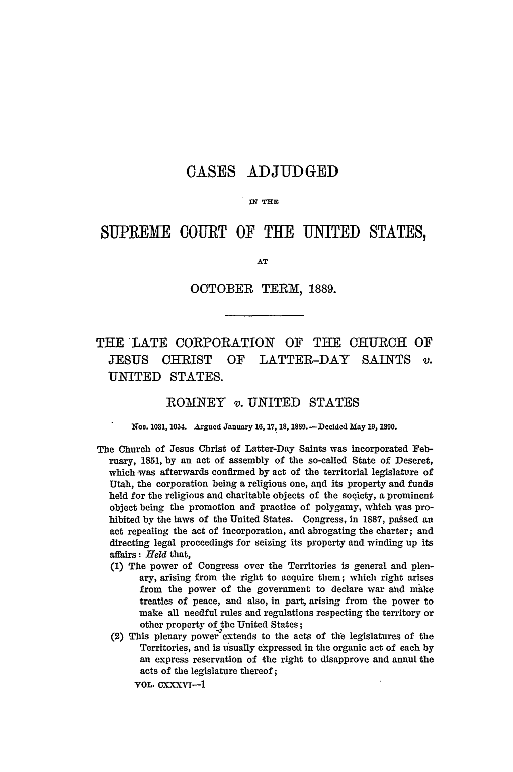 Mormon Church V. United States, 136 US 1 (1890)