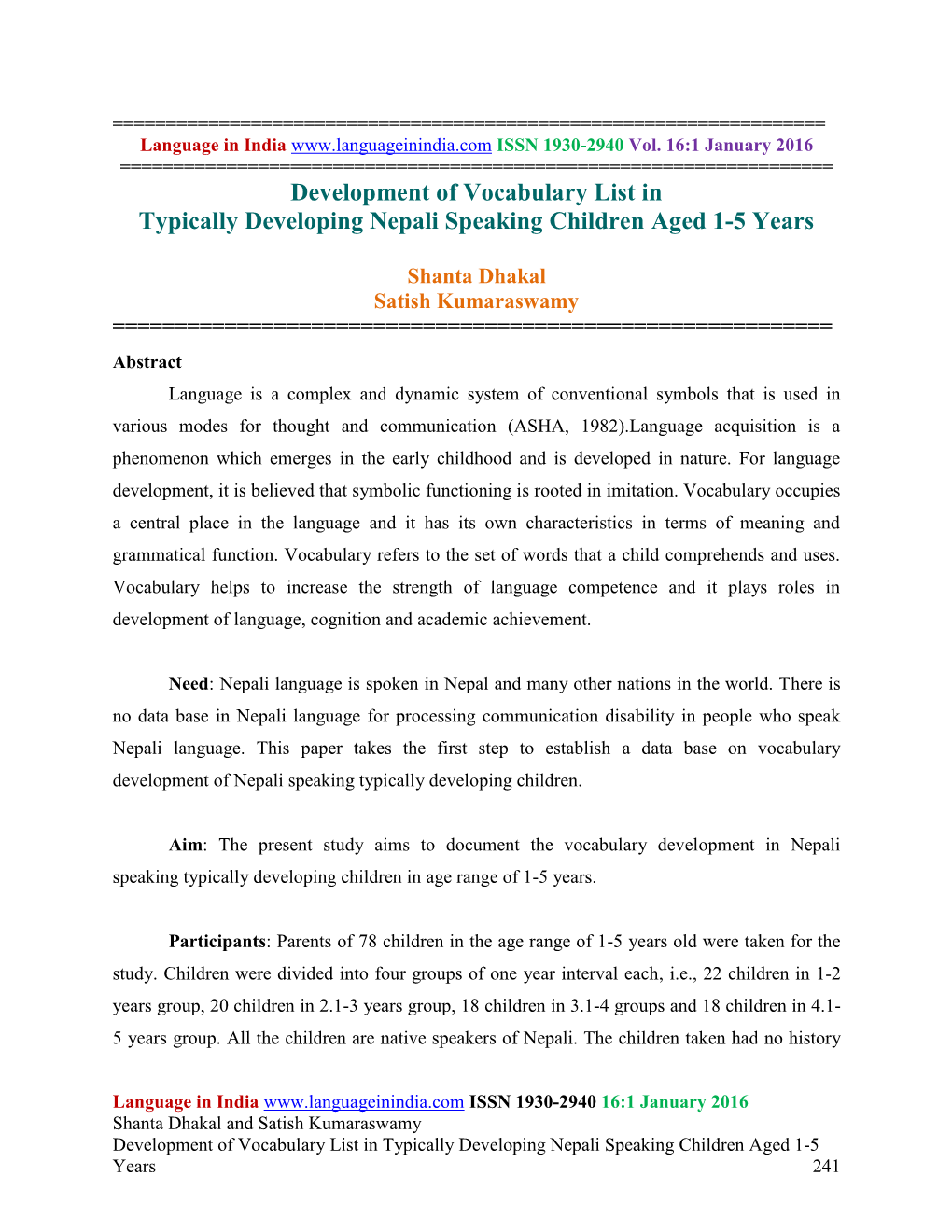 Development of Vocabulary List in Typically Developing Nepali Speaking Children Aged 1-5 Years