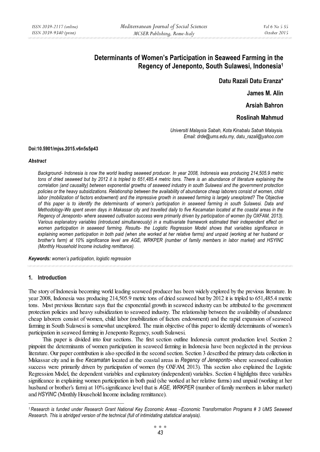 Determinants of Women's Participation in Seaweed Farming in the Regency of Jeneponto, South Sulawesi, Indonesia1