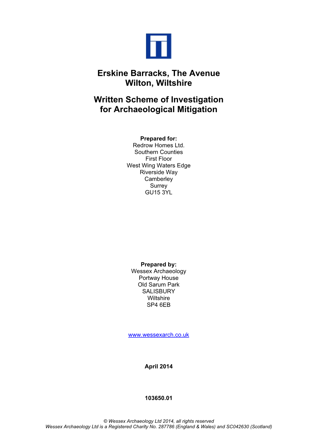 Erskine Barracks, the Avenue Wilton, Wiltshire Written Scheme of Investigation for Archaeological Mitigation
