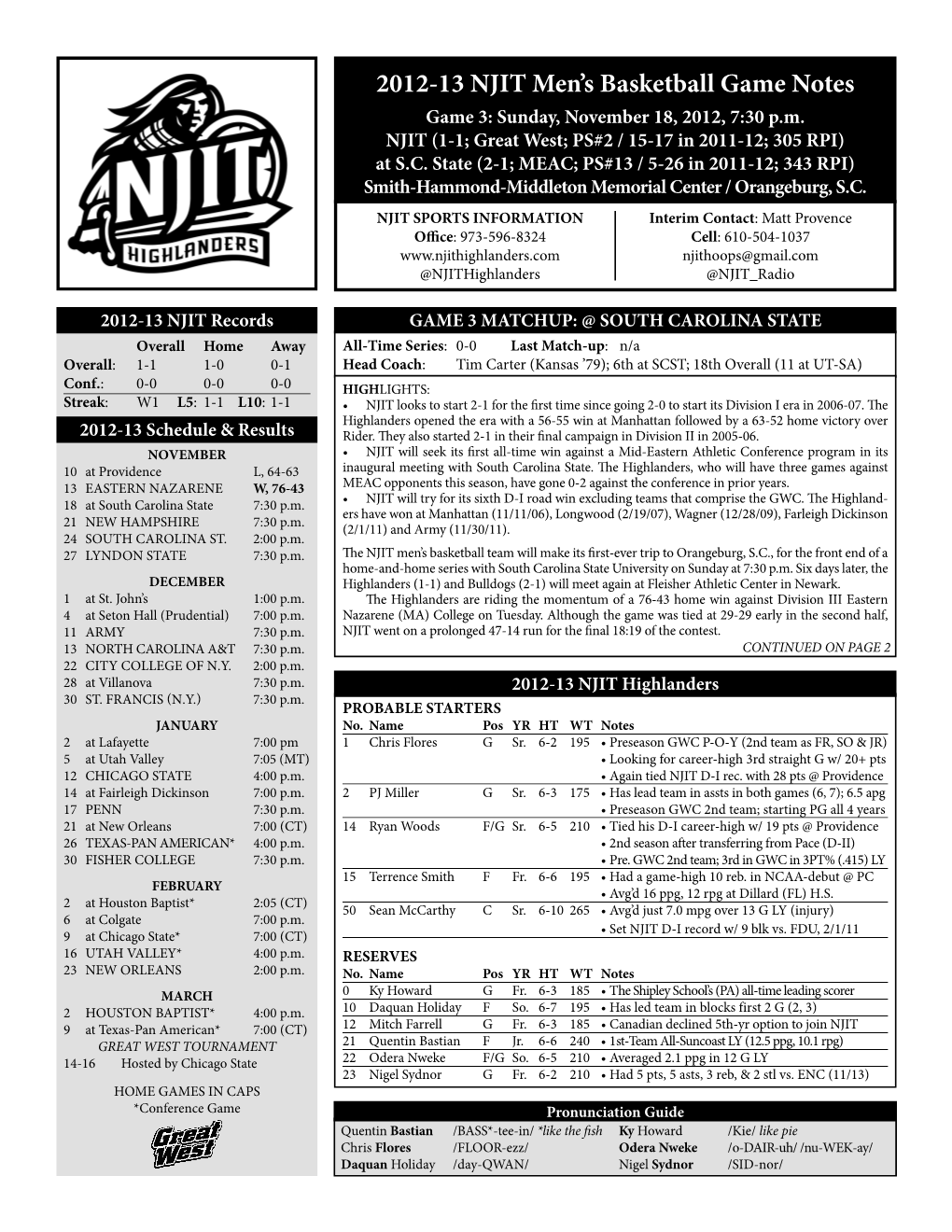 2012-13 NJIT Men's Basketball Game Notes