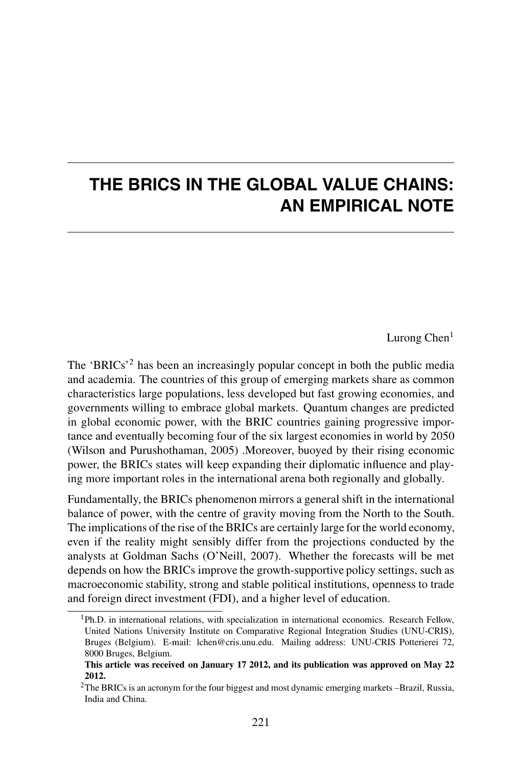 The Brics in the Global Value Chains: an Empirical Note