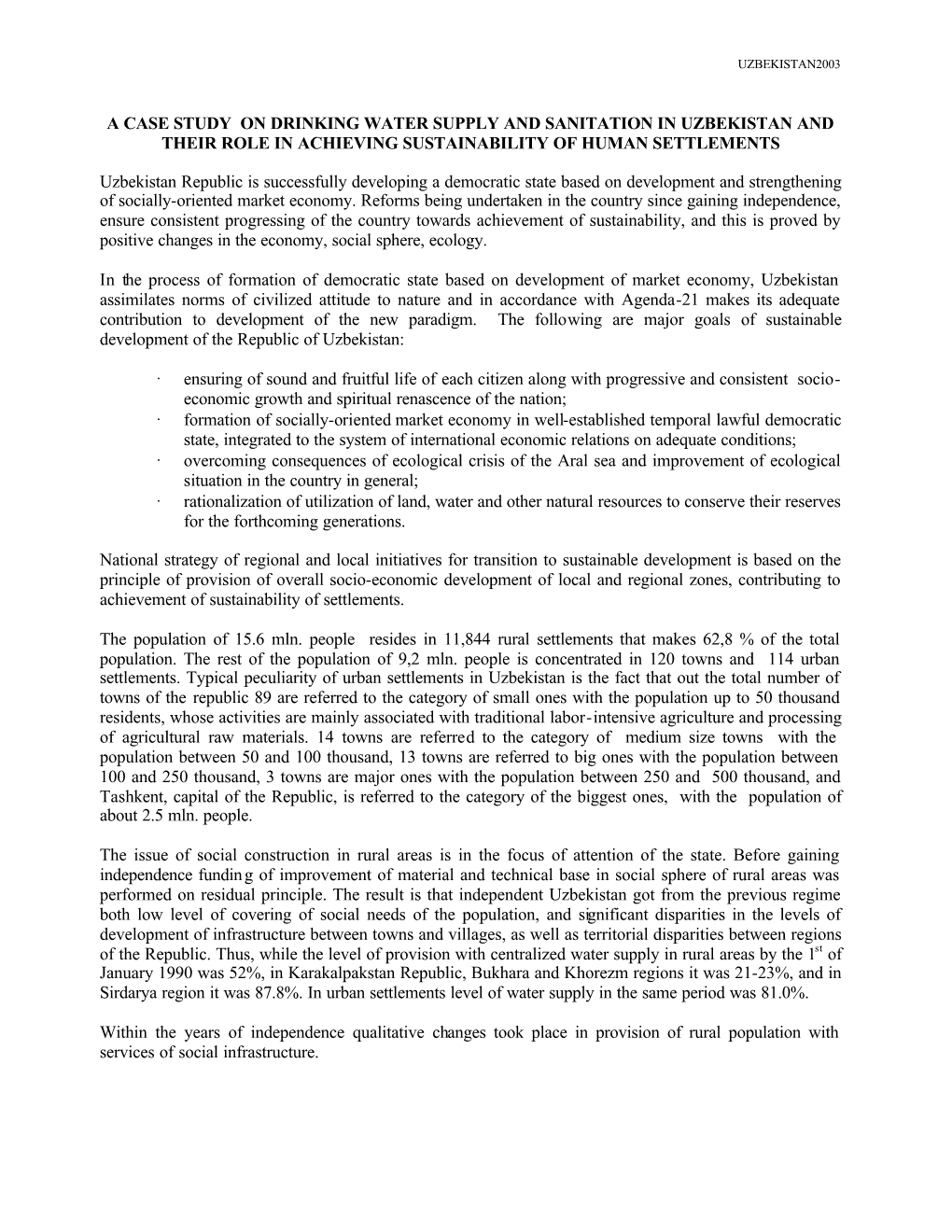 A Case Study on Drinking Water Supply and Sanitation in Uzbekistan and Their Role in Achieving Sustainability of Human Settlements