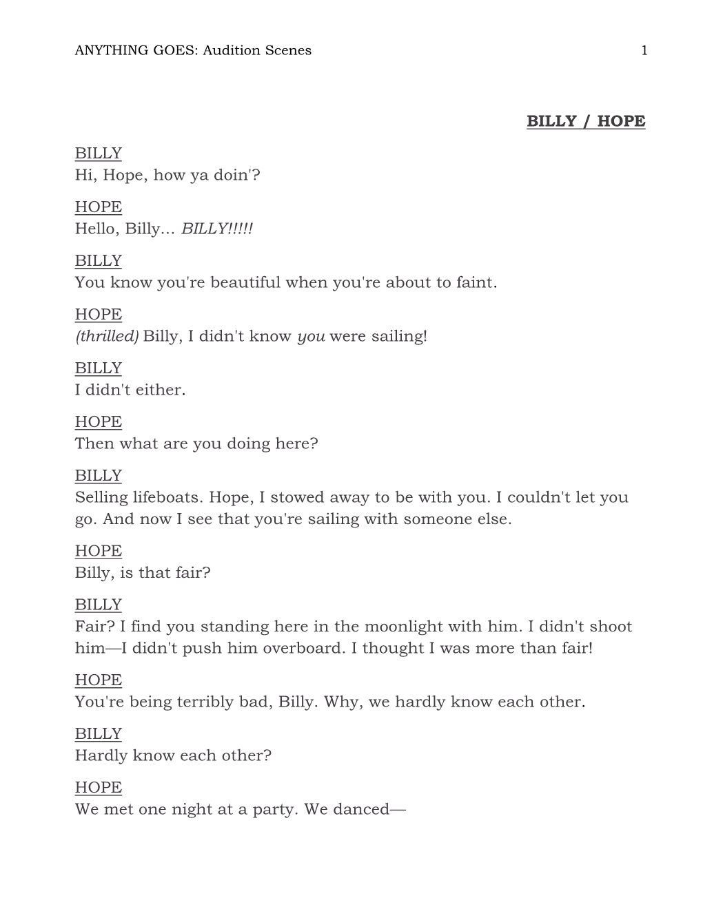 BILLY / HOPE BILLY Hi, Hope, How Ya Doin'? HOPE Hello, Billy... BILLY!!!!! BILLY You Know You're Beautiful When You're About to Faint