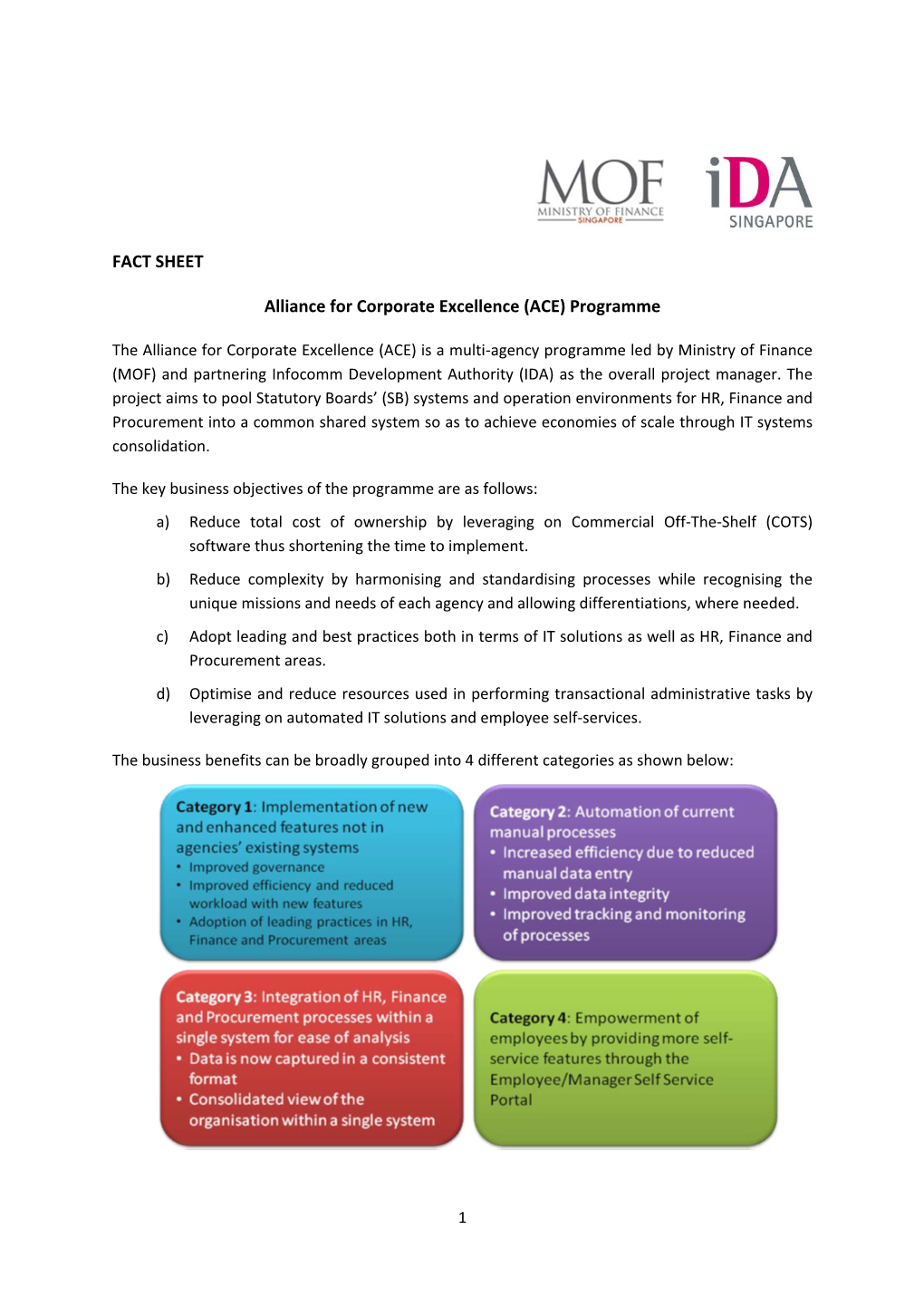FACT SHEET Alliance for Corporate Excellence (ACE) Programme