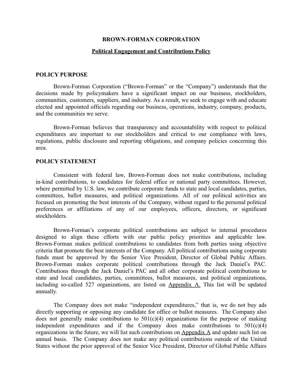 Political Engagement and Contributions Policy