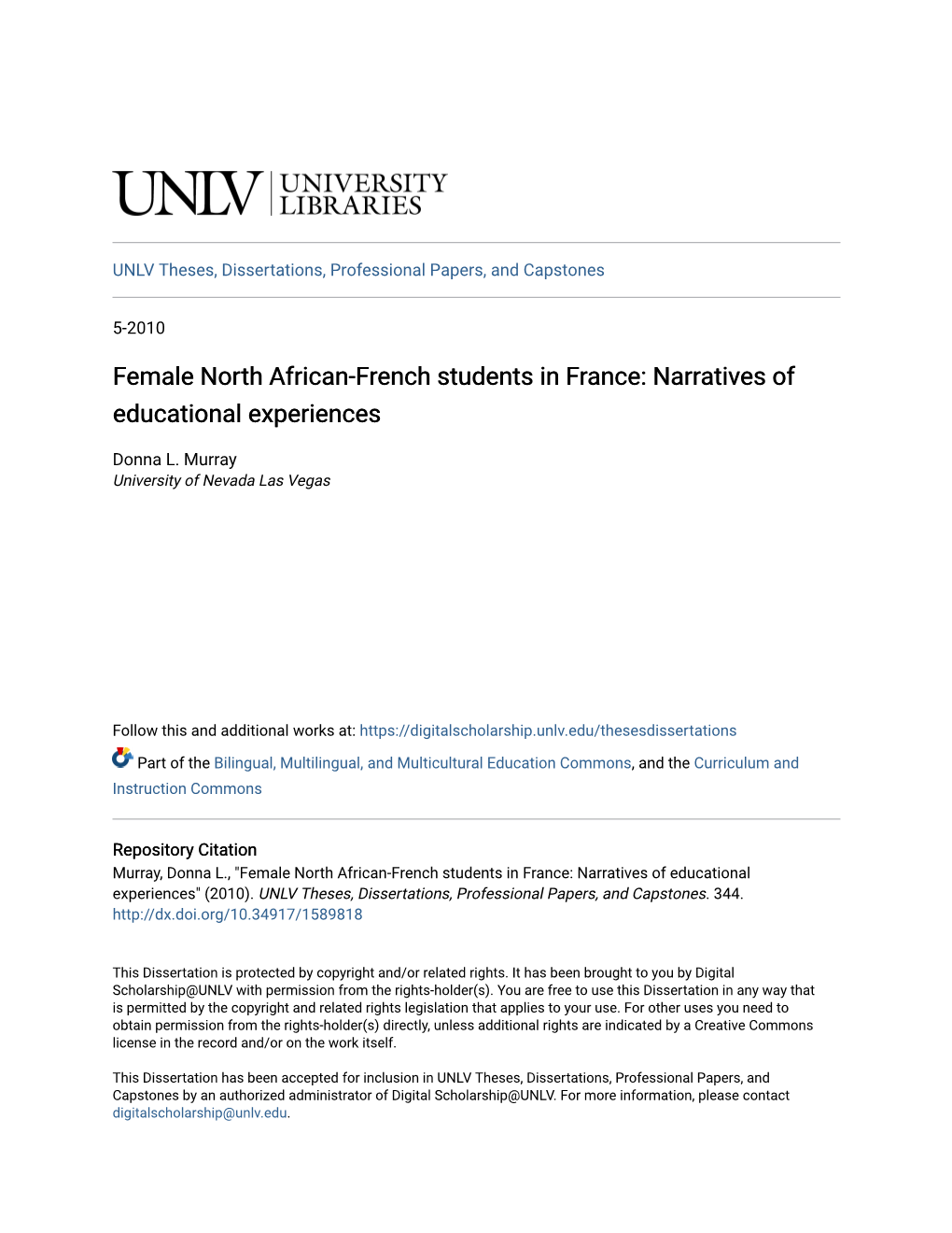 Female North African-French Students in France: Narratives of Educational Experiences