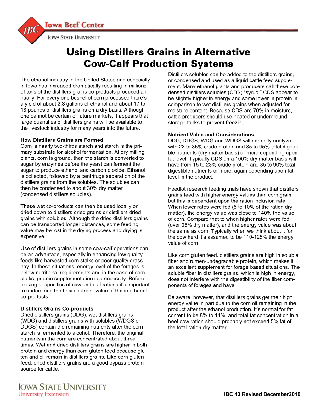 Using Distillers Grains in Alternative Cow-Calf Production Systems