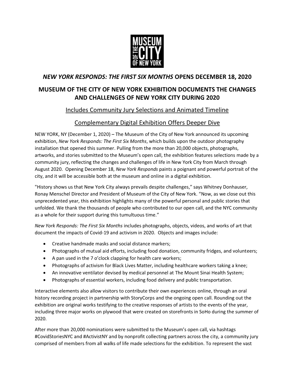 New York Responds: the First Six Months Opens December 18, 2020 Museum of the City of New York Exhibition Documents the Changes
