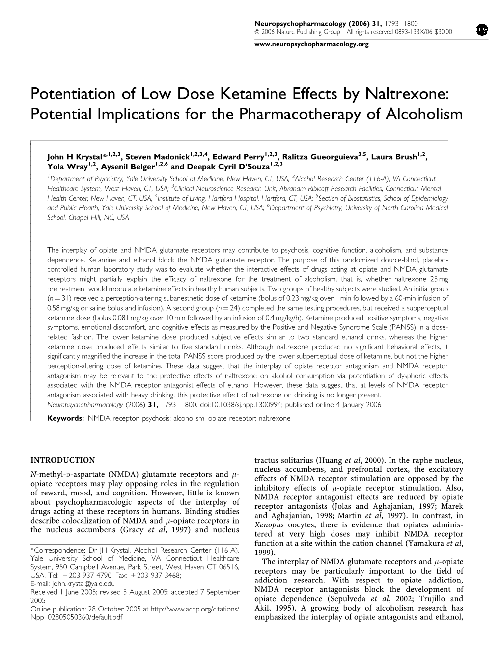 Potentiation of Low Dose Ketamine Effects by Naltrexone: Potential Implications for the Pharmacotherapy of Alcoholism