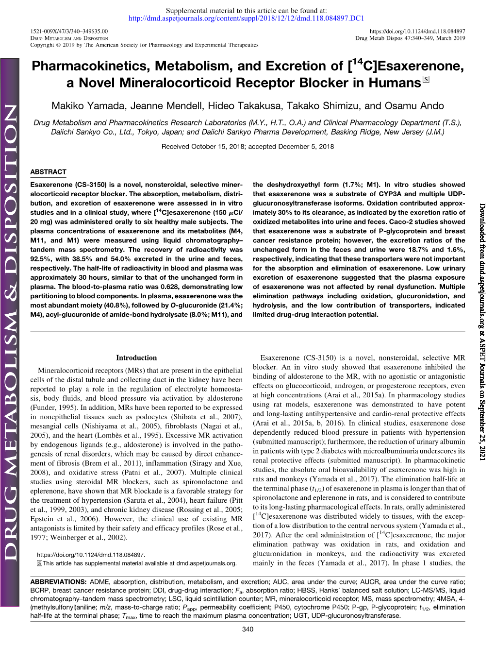 Pharmacokinetics, Metabolism, and Excretion of [14C]Esaxerenone, a Novel Mineralocorticoid Receptor Blocker in Humans S