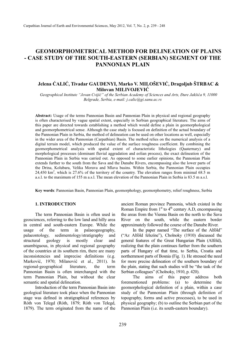 Geomorphometrical Method for Delineation of Plains - Case Study of the South-Eastern (Serbian) Segment of the Pannonian Plain